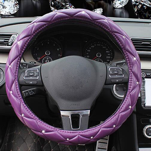 Leather Steering Wheel Covers Crystal Studded Rhinestone Car Steering-Wheel Cover Cases Pink Car Interior Accessories For Girls